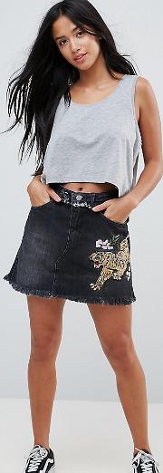 Tiger Embroidery Raw Hem Denim Mini Skirt