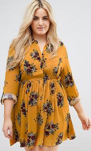 Club  Plus Mustard Printed Floral Day Dress With Collared Detail And Long Sleeves.