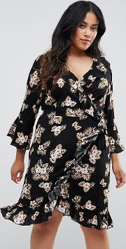 Club  Plus  Sleeve Detailed Wrap Black Floral Day Dress