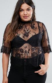 Club  Plus Lace Top With Ruffle Sleeve