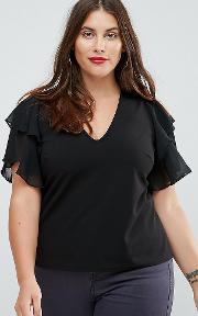 Club  Plus Plunge Front Top With Ruffle Sleeve Detail