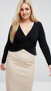 Club  Plus Wrap Front Top With Long Sleeves