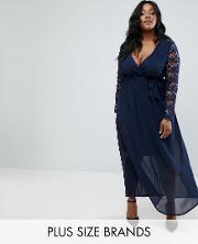 plunge wrap maxi dress with lace sleeve