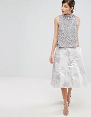 aviero high low metallic jacquard skirt