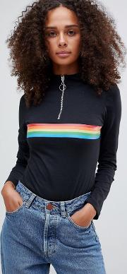 bodysuit with zip funnel neck and rainbow stripe
