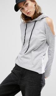 cut off hoodie with distressed cold shoulder