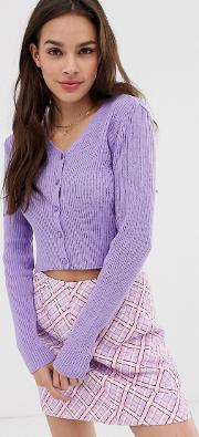 Long Sleeve Button Front Crop Knitted Top