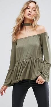 off the shoulder top with flare hem and sleeve