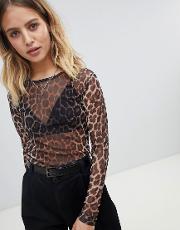 shrunken long sleeve top in leopard mesh print