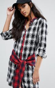 Oversized Checked Shirt Dress With Contrast Tie Waist