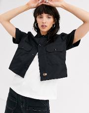 Cropped Shirt With Front Pockets And Logo Tab