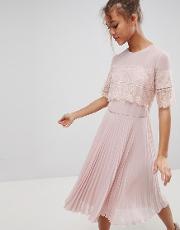 high neck midi dress with pleated skirt