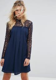 High Neck Swing Dress With Lace Upper