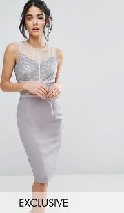scallop lace pencil dress with contrast panelling