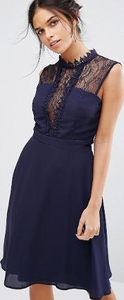 sleeveless midi dress with contrast lace bodice