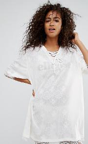 Mesh T Shirt Dress With Lace Trim Slip Underlay