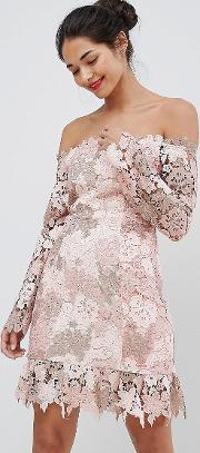 bardot tonal lace mini dress