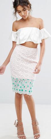 floral embroidered lace pencil skirt