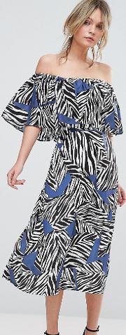 Mutli Zebra Bardot Midi Dress