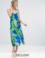 palm print strappy midi dress with thigh split