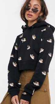All Over Angel Print Cropped Hoodie