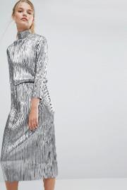 metallic high neck plisse midi dress