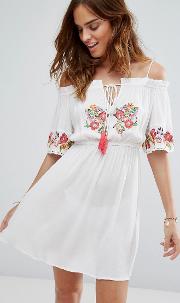 Off The Shoulder Embroidered Beach Dress