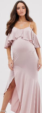 Satin Stretch Midi Dress With Cold Shoulder Frill Detail Mauve