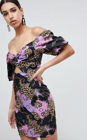 printed off shoulder bodycon midi dress with cut out front
