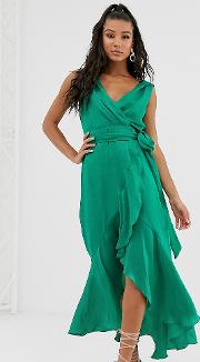 Wrap Front Satin Midaxi Dress Emerald