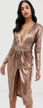 Long Sleeve Wrap Front Sequin Dress