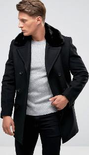 Double Breasted Wool Coat With Faux Fur Collar