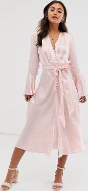Annabelle Satin Button Front Midi Dress Daisy Print