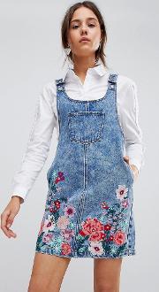 mini pinafore dress with floral embroidery  denim