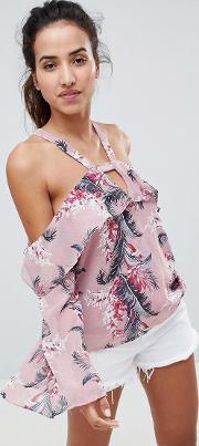 off shoulder top with ruffle layer in palm floral