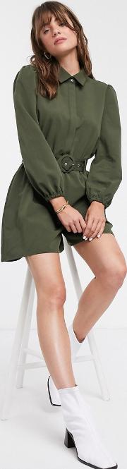 Relaxed Belted Playsuit With Button Collar