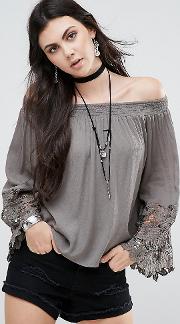 bardot top with lace sleeve detail