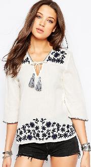 Embroidered Peasant Blouse With Tassels