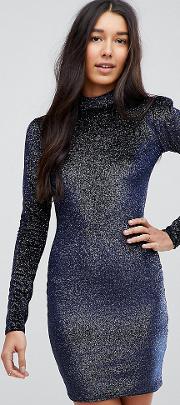 High Neck Bodycon Dress In Glitter Velvet