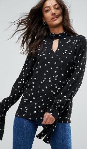 Long Sleeve Blouse With Tie Cuffs In Star Print