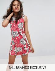 sleeveless red floral printed shift dress