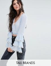 wrap front top with frill layered sleeve detail