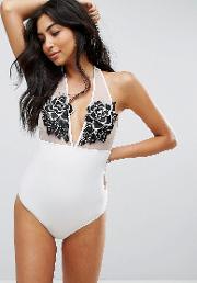 Embroidered Plunge Swimsuit