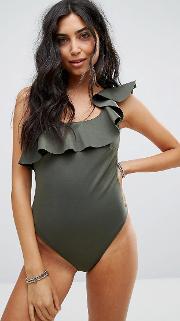one shoulder frill swimsuit
