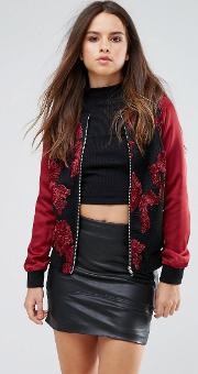 drive by embroidered flower bomber jacket with satin sleeves