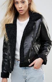 rocky faux leather cropped jacket with  fur lining and metal zippers