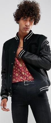 bomber jacket with leather sleeves in black