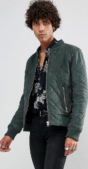leather quilted bomber jacket in khaki