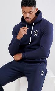 muscle hoodie in navy with logo
