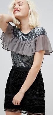 crushed velvet top with frill front mesh